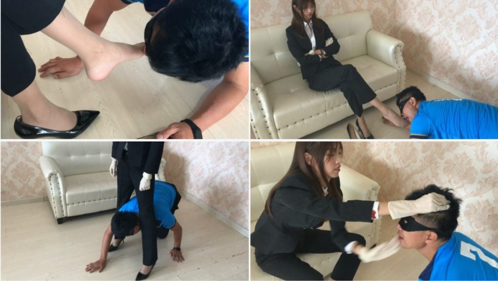 割れた卵の少女 |プロの服装をしたミミが男性Mを辱める