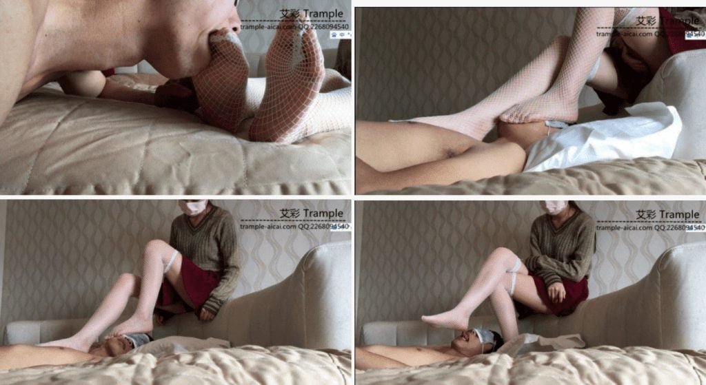 Wanwan | Little brother slave in white fishnet stockings on the bed
