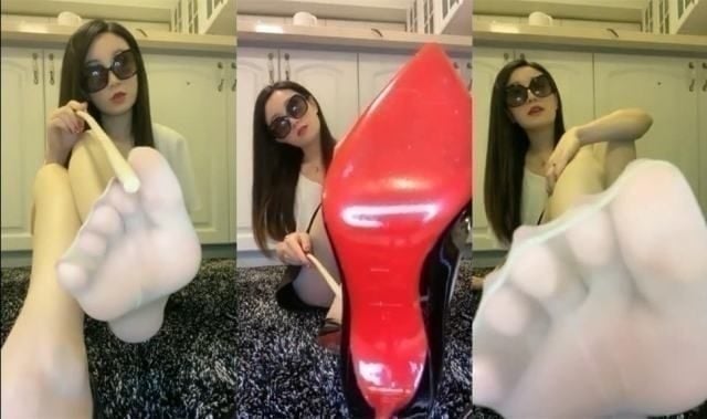 Teacher Su | Red-soled silk high-heeled shoes with red and green lights on the soles of feet