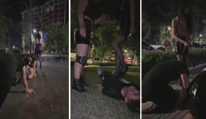 シアン野外ロードトレーニング女子大生カップル奴隷