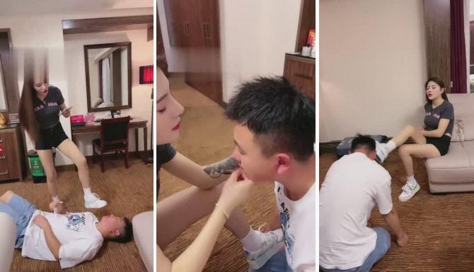 諾溪浮気をしているところを見つかり、綿の靴下で顔を踏まれたダメ夫