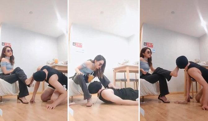 ヤン・シャオ|ハイヒールと美しい足で大学生に股間を蹴る方法を教える