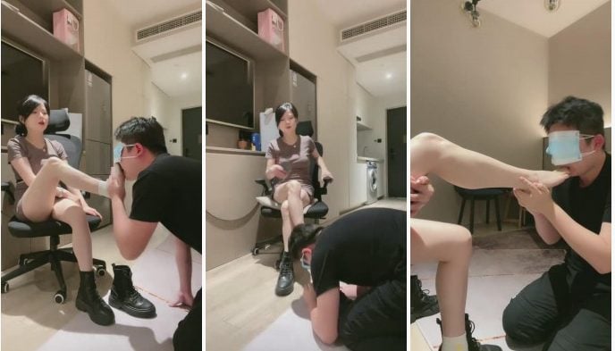 Dandan | After night running, she humiliates the dog slave with her original cotton socks