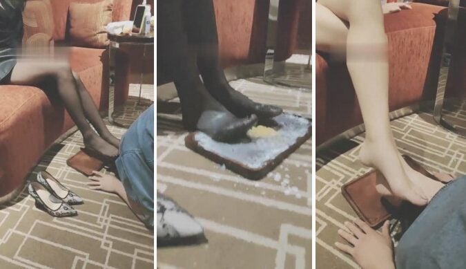 00s Nancy | Black silk tramples food to feed foot fetish slaves