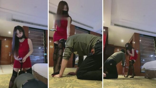 風陰女神 |黒いストッキングを履いたセクシーな女の子が老犬を虐待する