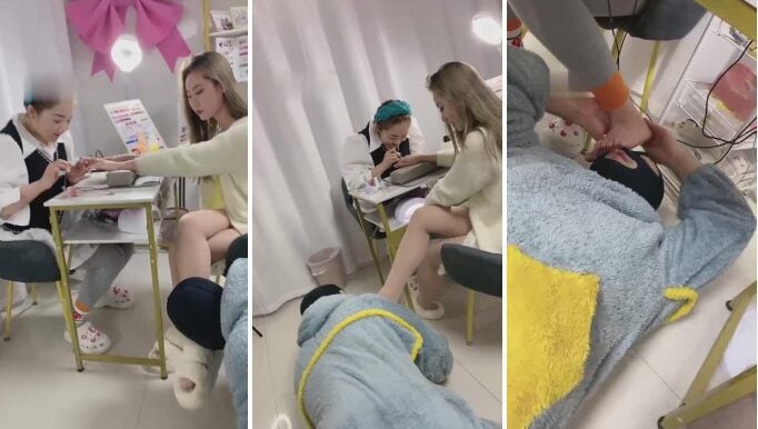 Erbao | Playing amateur licking feet in public at the nail salon