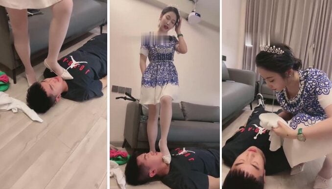 Xiner Coach | High heels and white stockings humiliate little milk dog