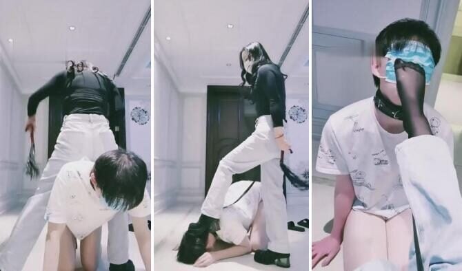 Yihe | The real sister plays with the kneeling dog in the pants
