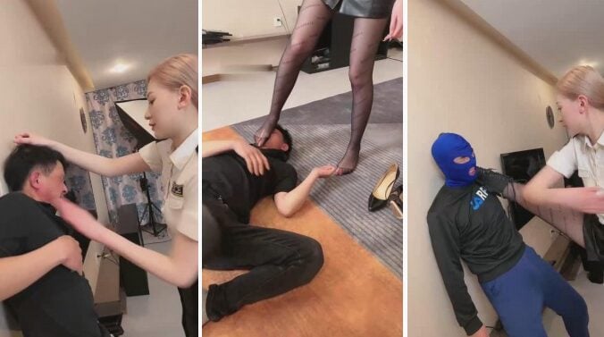 エルバオ|素人姉妹が黒い絹の足で犬奴隷を激しく蹴る