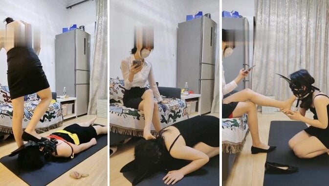 暴力美学 | 骚母狗被丝足女王踩踏舔脚