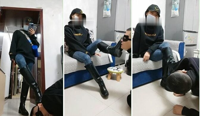 ウェンウェンウェン革ブーツの少女が踏みつけて餌を与える