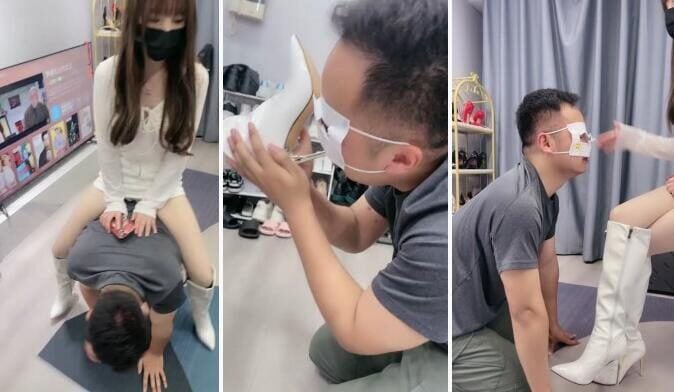 チェリービッグ女性Sが仕事から帰宅し、犬に給仕される