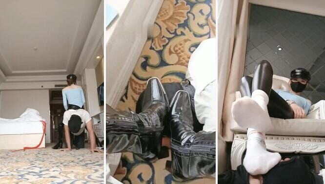 デュオデュオ革パンツ、王室姉妹、白ソックス、股間舐めブーツ奴隷