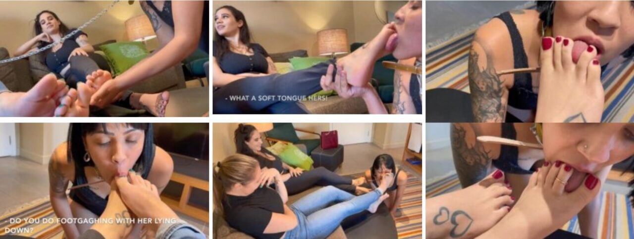 Grazi | The female slave licks the stinky sweaty feet of goddess Grazi and the guests who come to visit her home at the same time