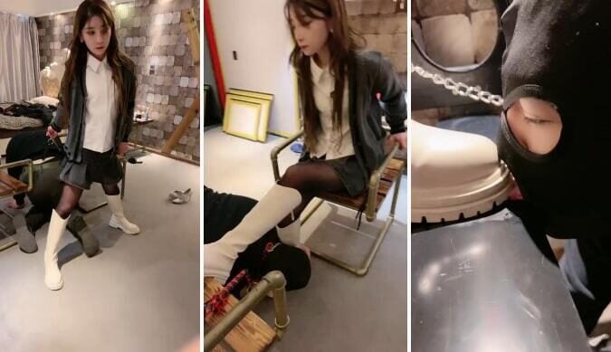 Lord Boss | Close-up of long boots, black stockings and high heels trampling