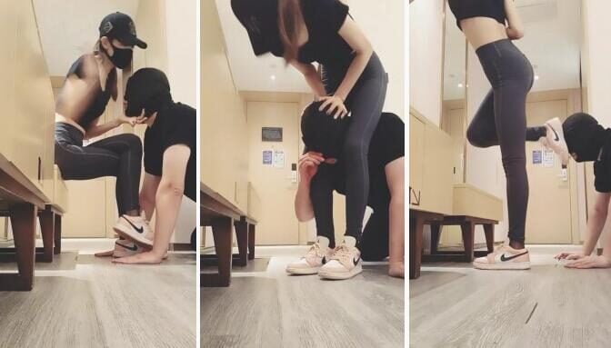 Mina Gege | Yoga instructor in yoga pants with silk AJ white socks humiliates dog