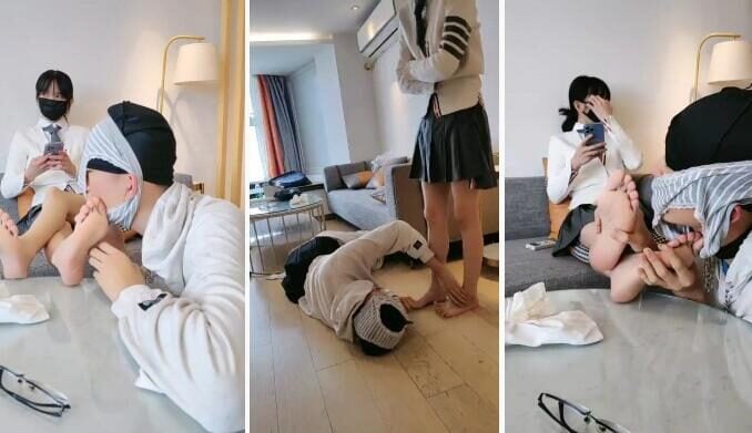 Violent aesthetics | JK girl in underwear, pullover, white shoes and cotton socks insults dog