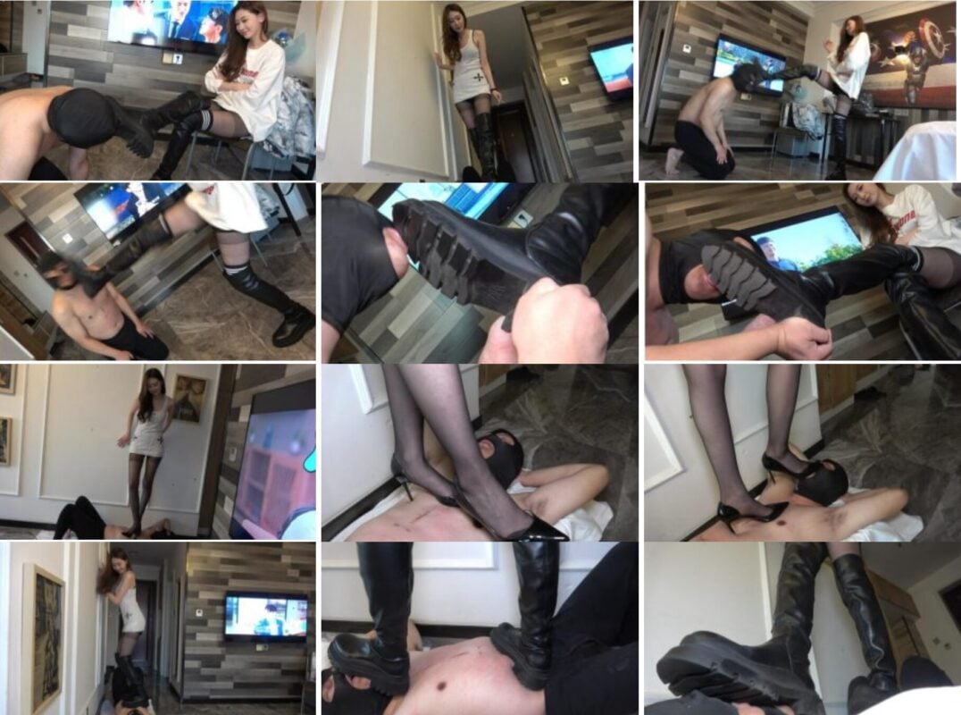SM女王艾琳S长靴丝足调教视频下载 | 175cm高个女王狂踢暴踩折磨舔鞋底老狗