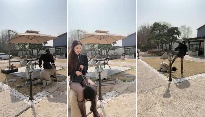 Yuanzhi Lady | Long boots and black silk sister riding a horse slave in the park