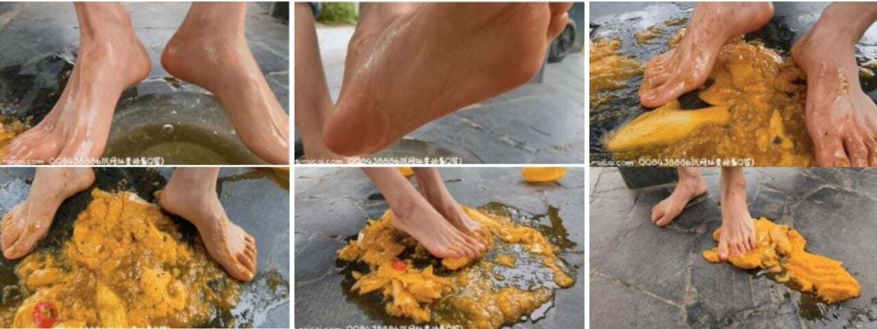 Xiaomiao | Beautiful feet stepping on mango in outdoor park
