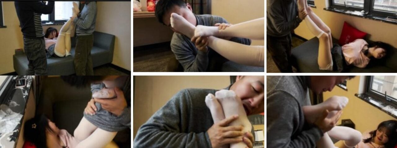 Style 5 | Bondage video of a Gen Z girl licking feet in white thigh-high stockings.