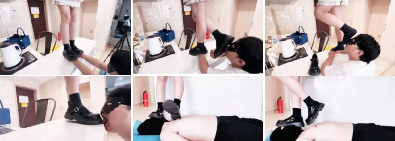 Chinese Femdom Video Download | JK small leather shoes play brother stomping licking shoes stepping tongue