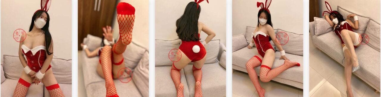 若若老师 | 红色网眼袜白丝吊带袜兔女郎写真图片下载