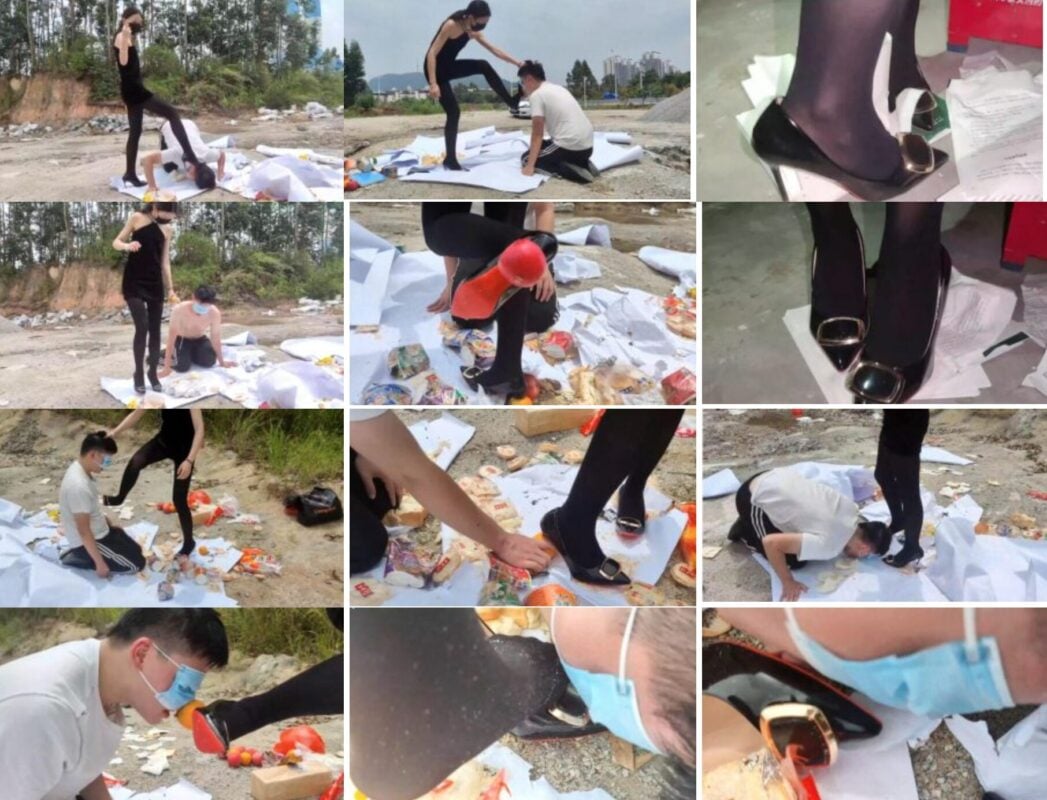 黑丝高跟广州小鱼女神，把奴隶带到户外，让奴隶跪着看自己的食物被主人高贵的鞋子无情地践踏，踩着奴隶的头吃被主人踩过的夹杂着泥沙的食物，命令奴脱下衣服给主人擦鞋，给主人舔干净高跟，高贵女神眼神里充满不屑和无视，与脚下卑微的生物形成鲜明对比。