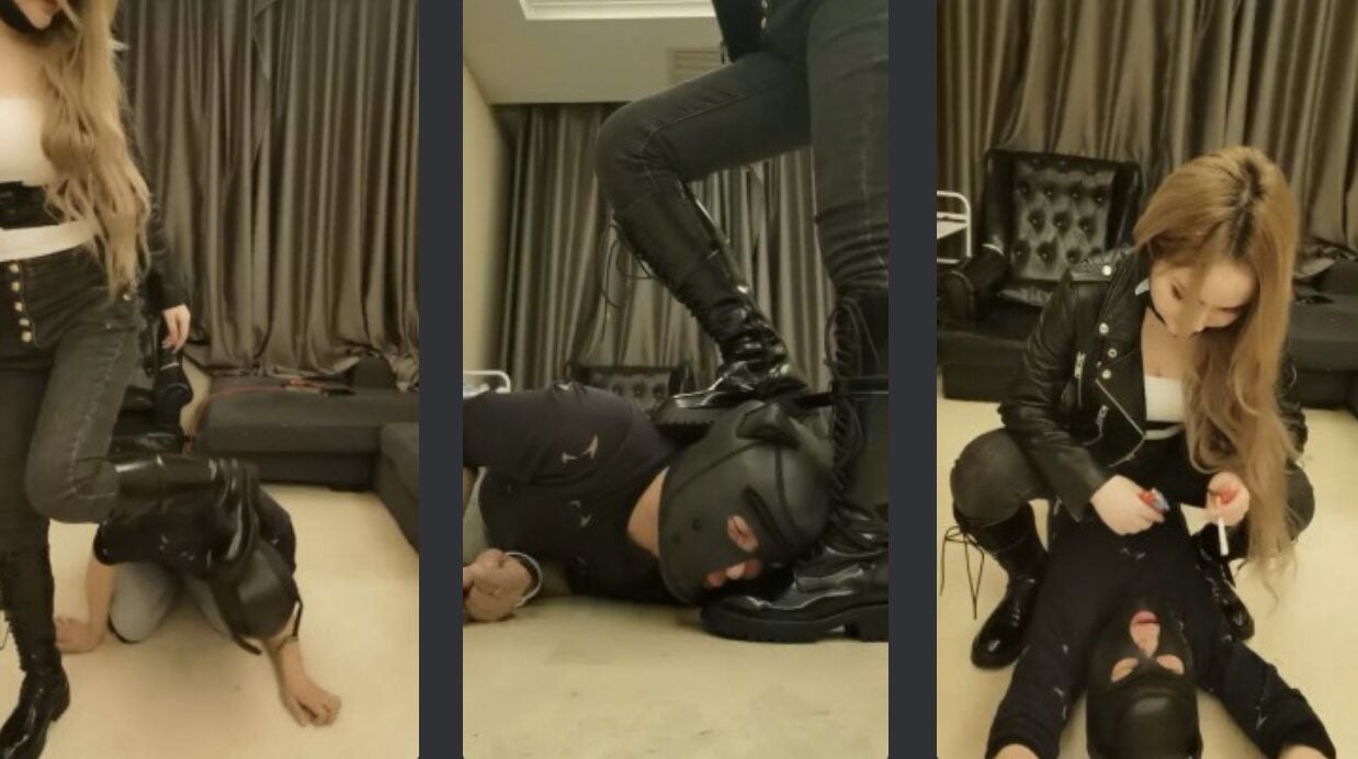 双子姬 | 牛仔裤皮靴女王逮住跑骚狗暴力踢踹