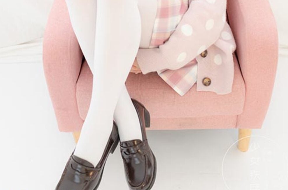 Girl Order | Pink JK suit, white stockings and brown leather shoes