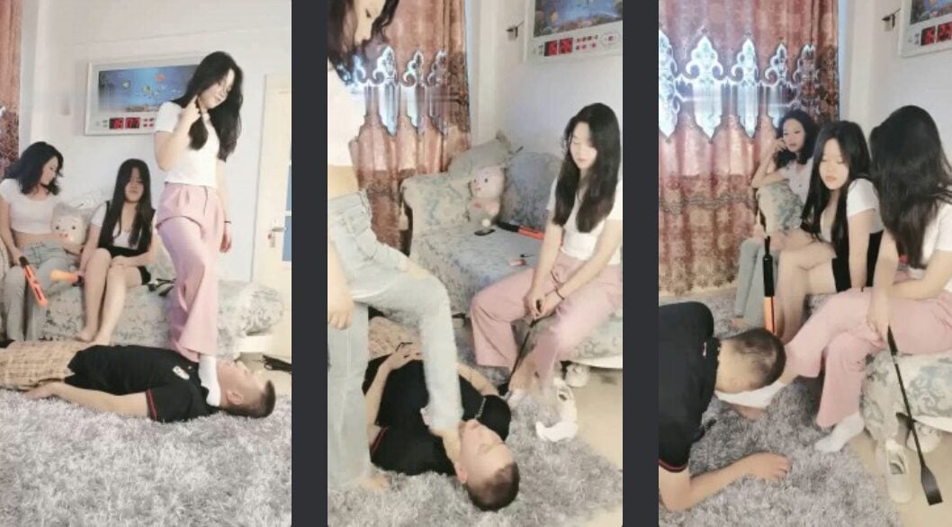 Xia Xia Ya | 3 masters vs. 1 slave smelling white socks feet/trampling/riding stick whipping/running dog face dual perspective version