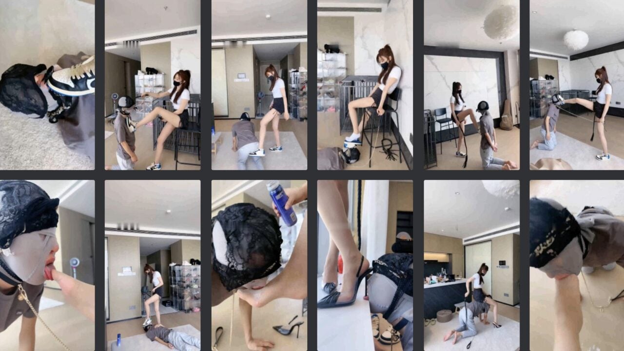 美美子 | 运动女神AJ高跟虐家奴骑马鞭打/闻臭鞋/裸足喂酸奶-视频截图
