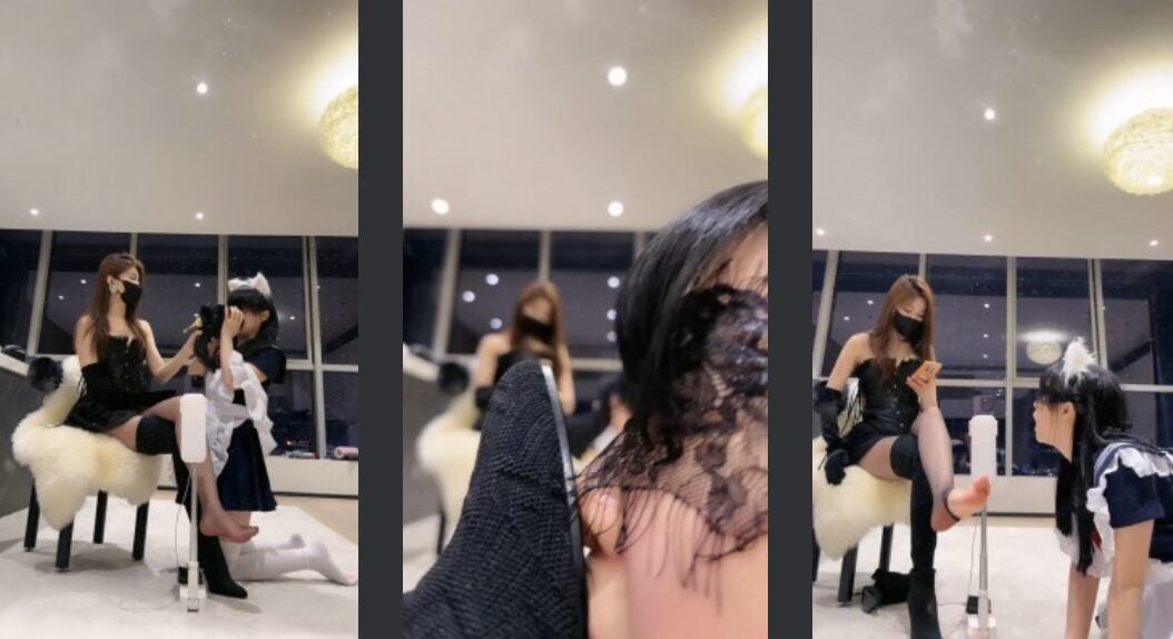 Mimiko | Female animal smells boots/licks dirty boots black stockings/gags