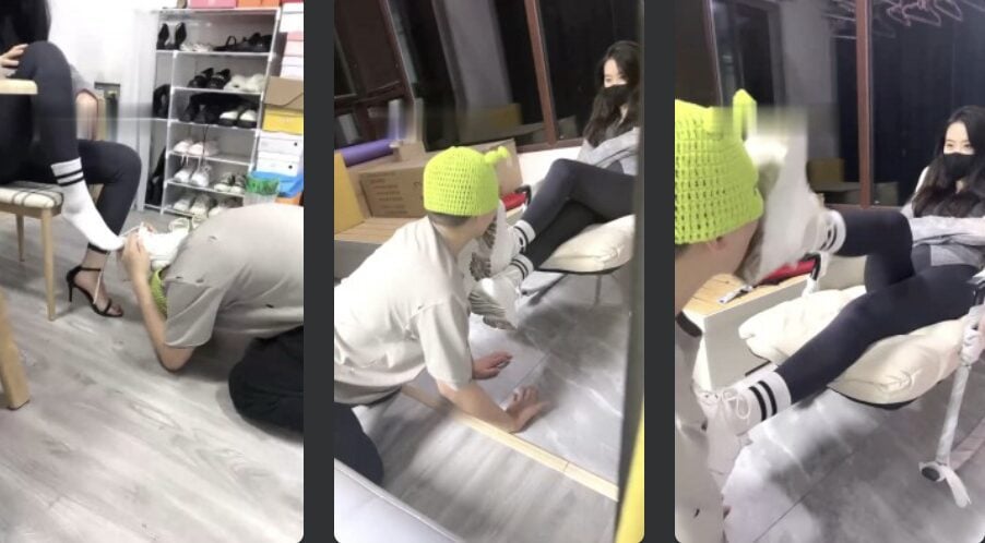 Jinyi | Cuckold dog kneels down and begs for abuse/simulated toilet view/licks dirty sneakers/steps on head with wool slippers