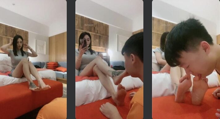 不知名美女 | 脚面纹身长腿模特S的裸足狂舔