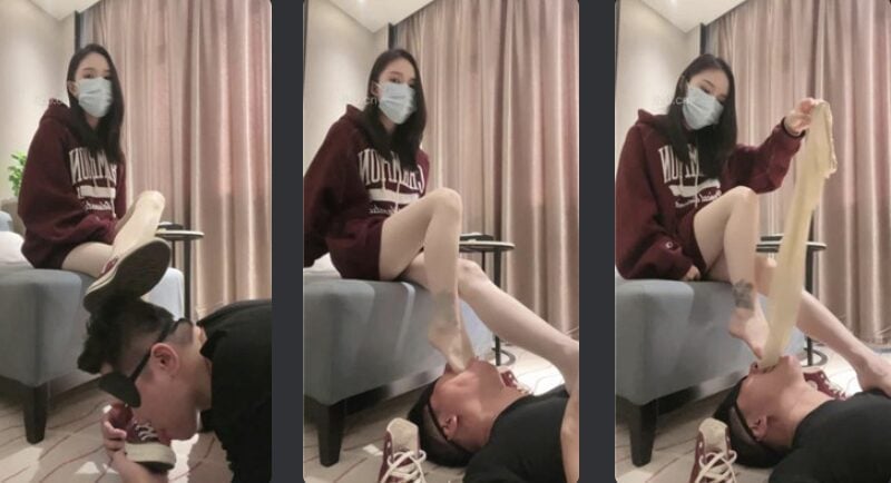 Xiao Yue | Kneeling and licking canvas soles/stockings barefoot deep throat/leg strangulation and suffocation