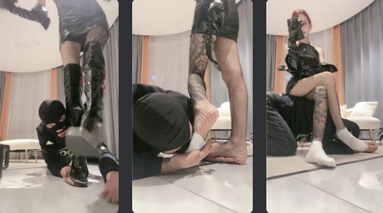 秋秋 | 酒吧陪酒S调教之长靴高跟踩狗爪/人肉座椅/闻舔网袜白袜
