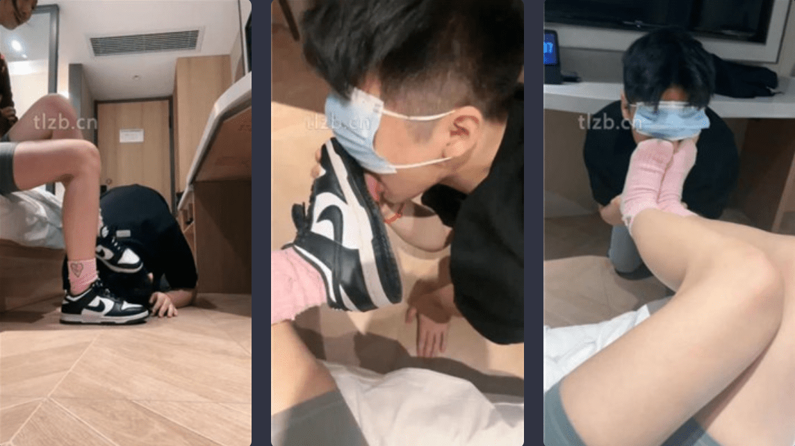 jenn | Cuckold dog kneels and licks dirty shoes with pink cotton socks/feet in mouth
