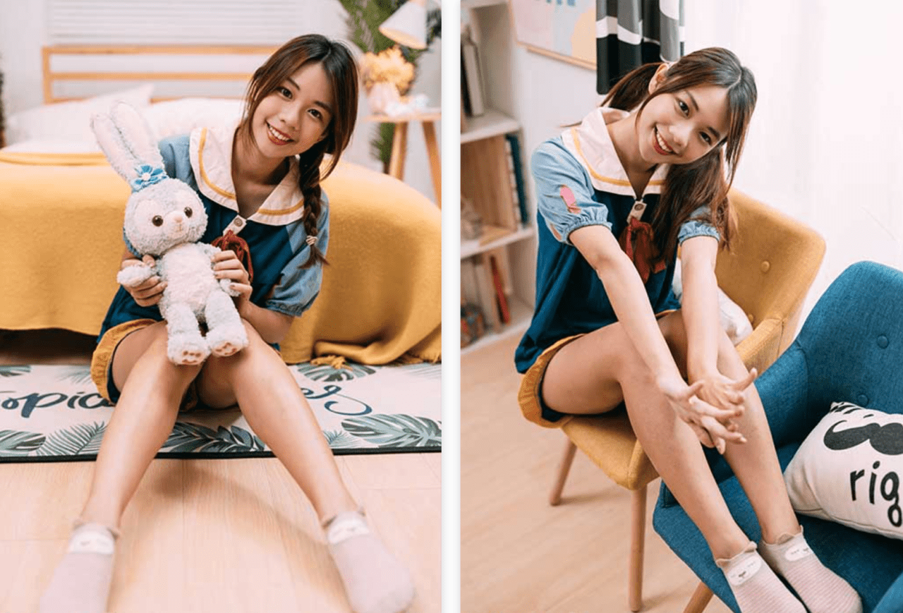 Qianyu | 脚の長いモデルが着用するキュートなピンクのコットンソックスとパジャマ - 動画のスクリーンショット