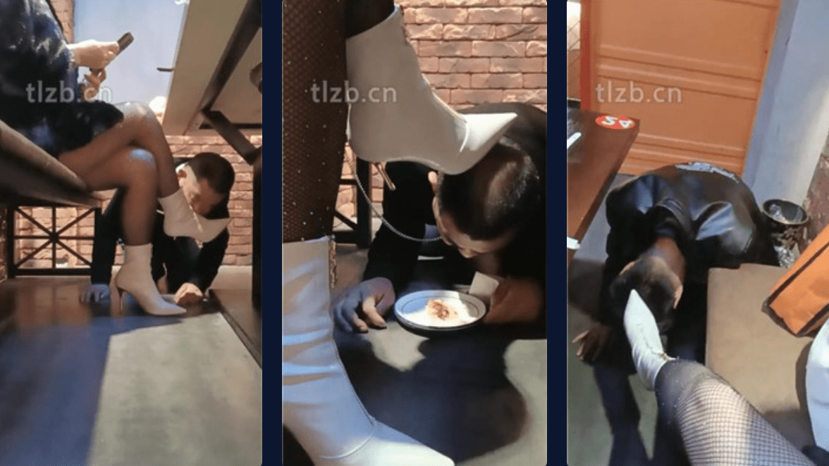 乐爷 | 双奴调教之桌底视角短靴网袜踩踏喂食