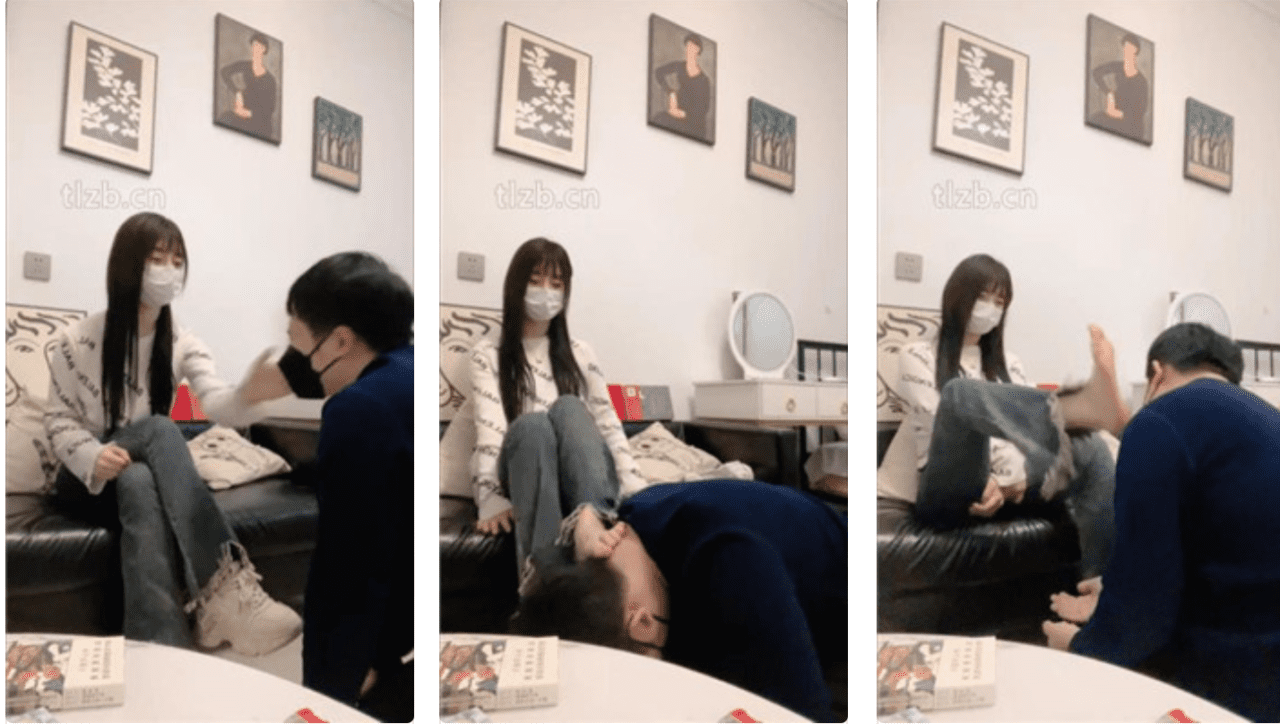 シ・イェ優しい女性は買い物の後、元の靴と靴下で犬を辱める