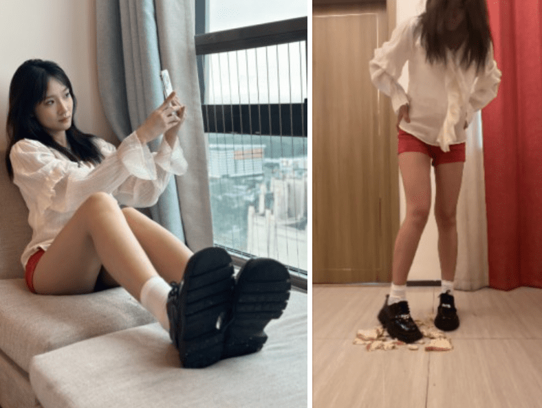 Original by Ju Yejia | A freshman girl steps on bread in her small leather shoes and white socks
