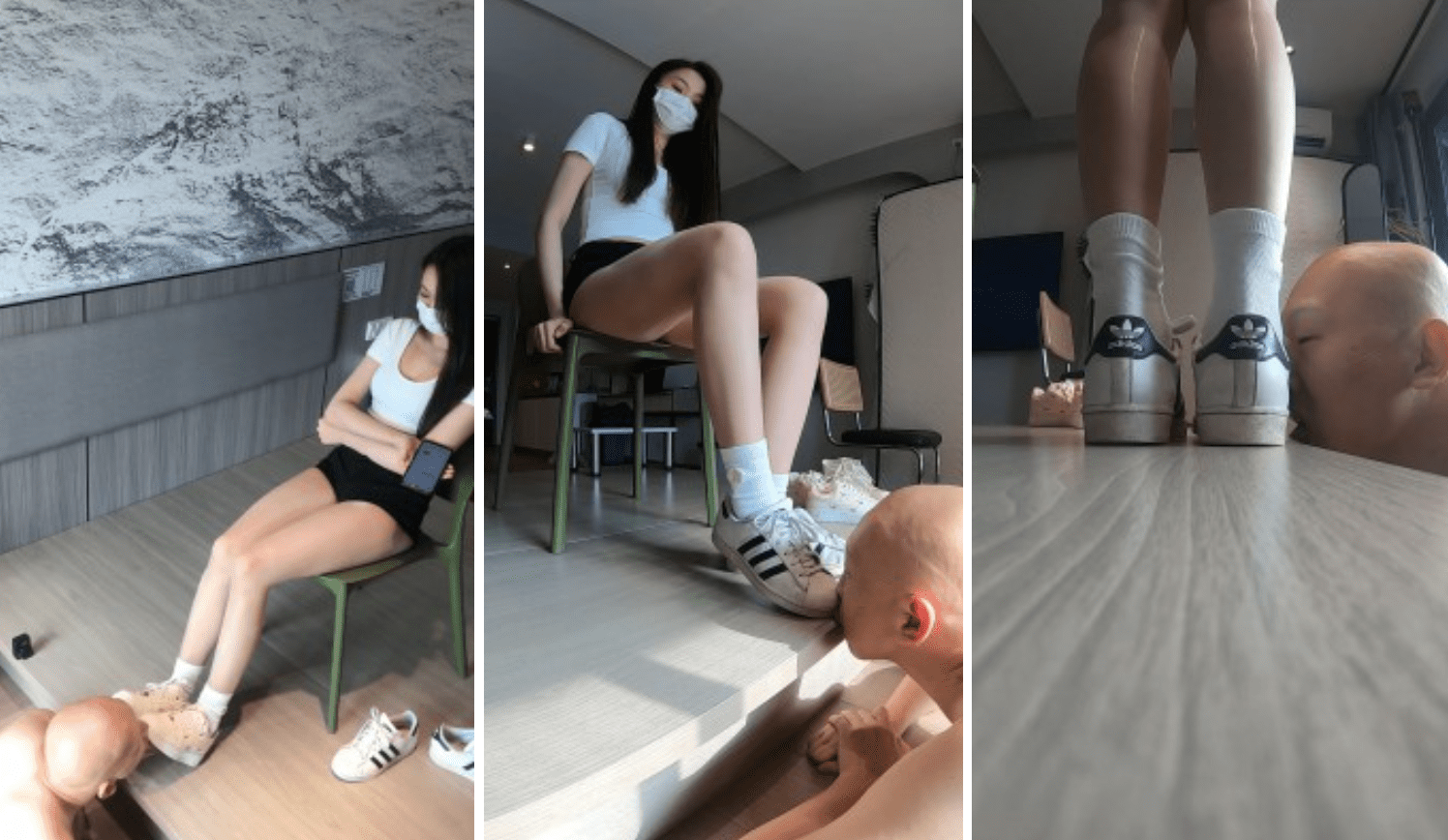Amateur S | Newcomer Puff Sister cleans the soles of three pairs of shoes by stepping on the tongue