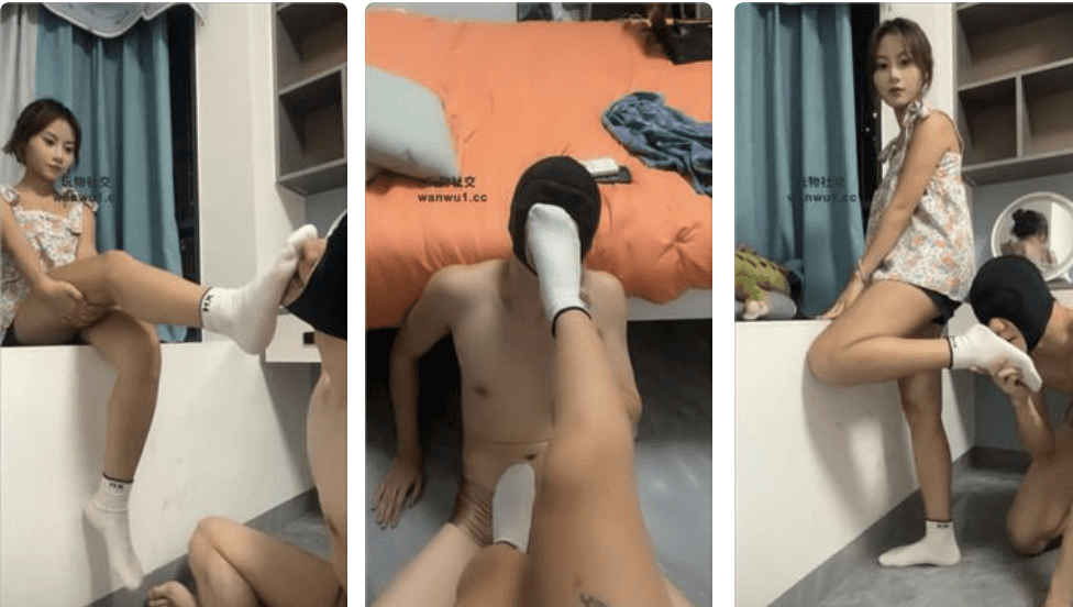 Orange | Crouching dog crawling/cleaning leather shoes and white socks/inserting feet into mouth