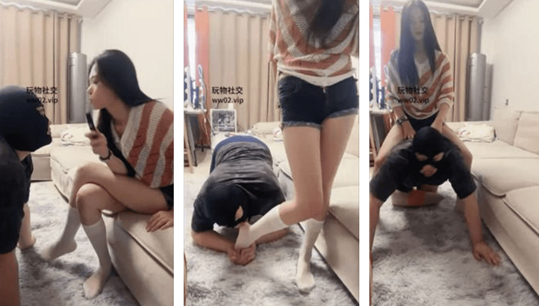 Mai Mai Tai Tai | Kneeling and licking white silk legs/stepping on dog paws and riding on dog back