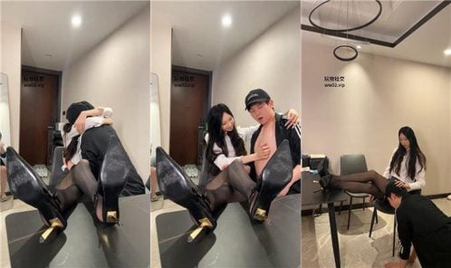 04 Couple | Long-legged car model with black stockings and high heels, green hat abuse