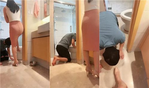 Princess | Riveted high heels crush and step on dog tongue to clean toilet