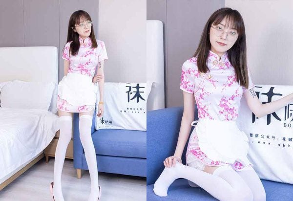 Wa Bo Bo | 451 Zhi Yu cheongsam high heels white over the knee thick white ribbon video video
