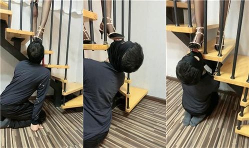Da Cat | 上から見下ろし、リベット付きのハイヒールと黒いシルクの足で靴の底を舐め、口を塞ぐ、二重視点バージョン