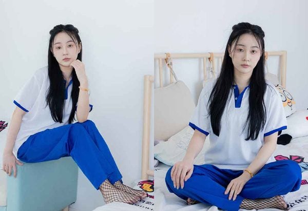 Wulian Media | Meitu sneakers, black fishnet stockings, school uniform pants, ribbon video